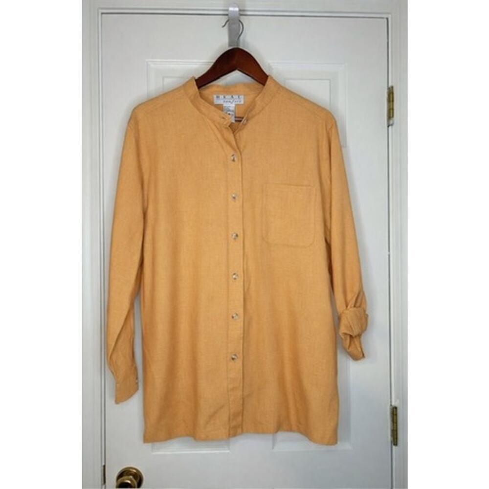 Real Comfort Linen Shirt L Tan Mandarin Collar Button Tunic Minimalist Womens